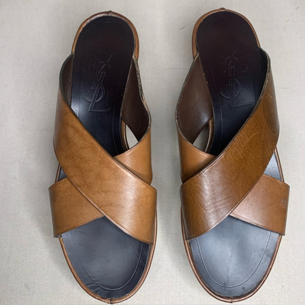 Vintage YVES SAINT LAURENT Leather Wedge Strap Platform Slides SZ 6.5/7 US